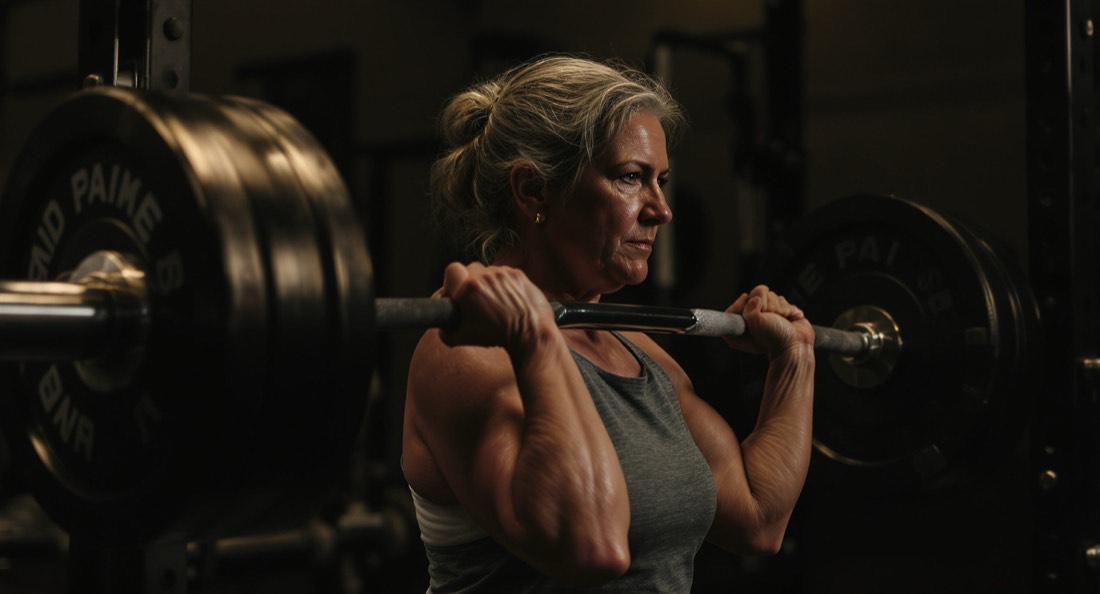 A woman in her late fifties gripping a loaded barbell for a heavy hip hinge