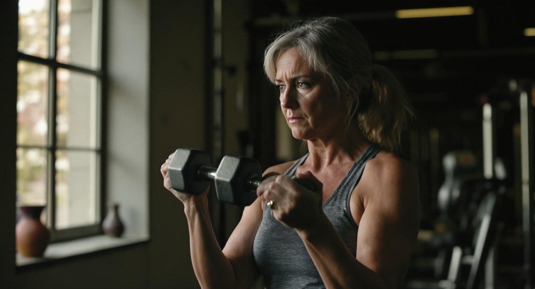 A woman in her fifties doing a careful first light dumbbell set in a quiet gym