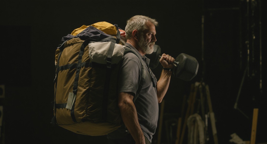 A man in his fifties mid-stride holding a heavy one-sided suitcase carry