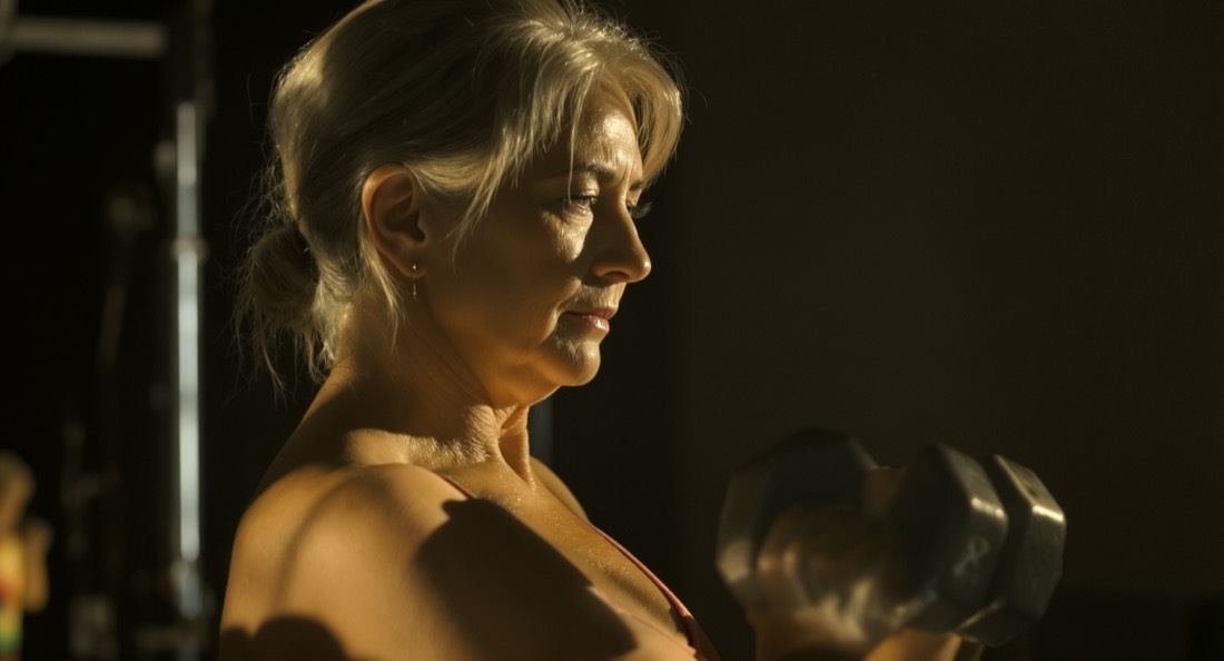 A woman in her fifties performing a controlled dumbbell row in a bright gym
