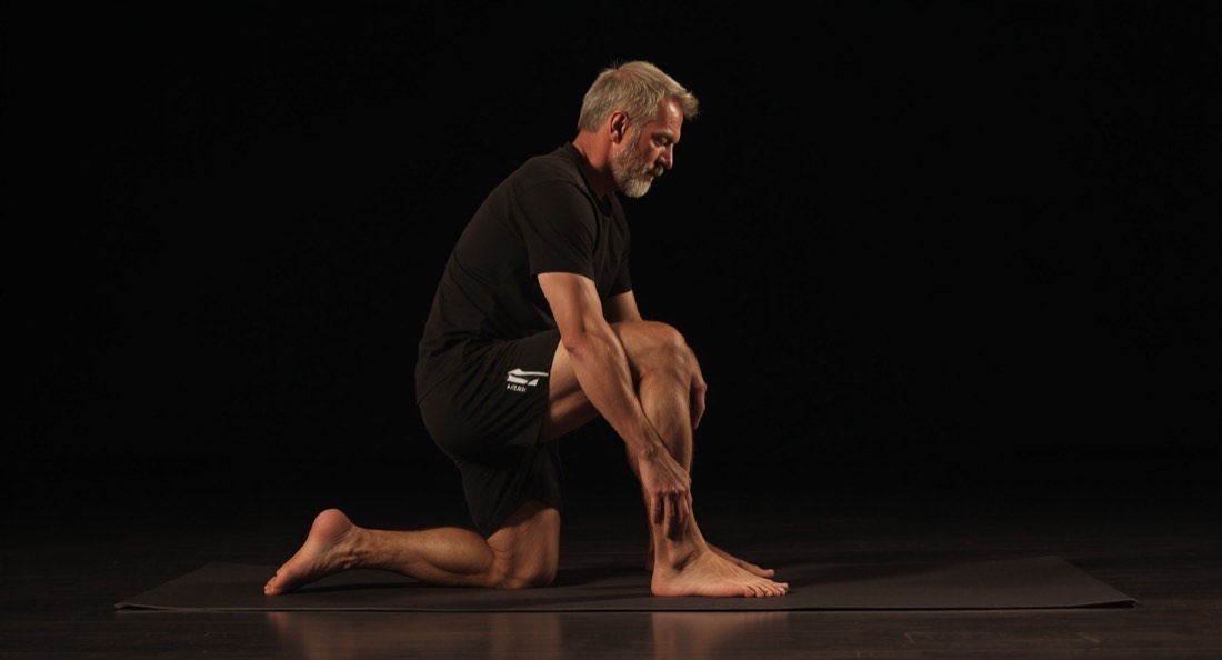 A man in his fifties performing a controlled hip and ankle mobility drill